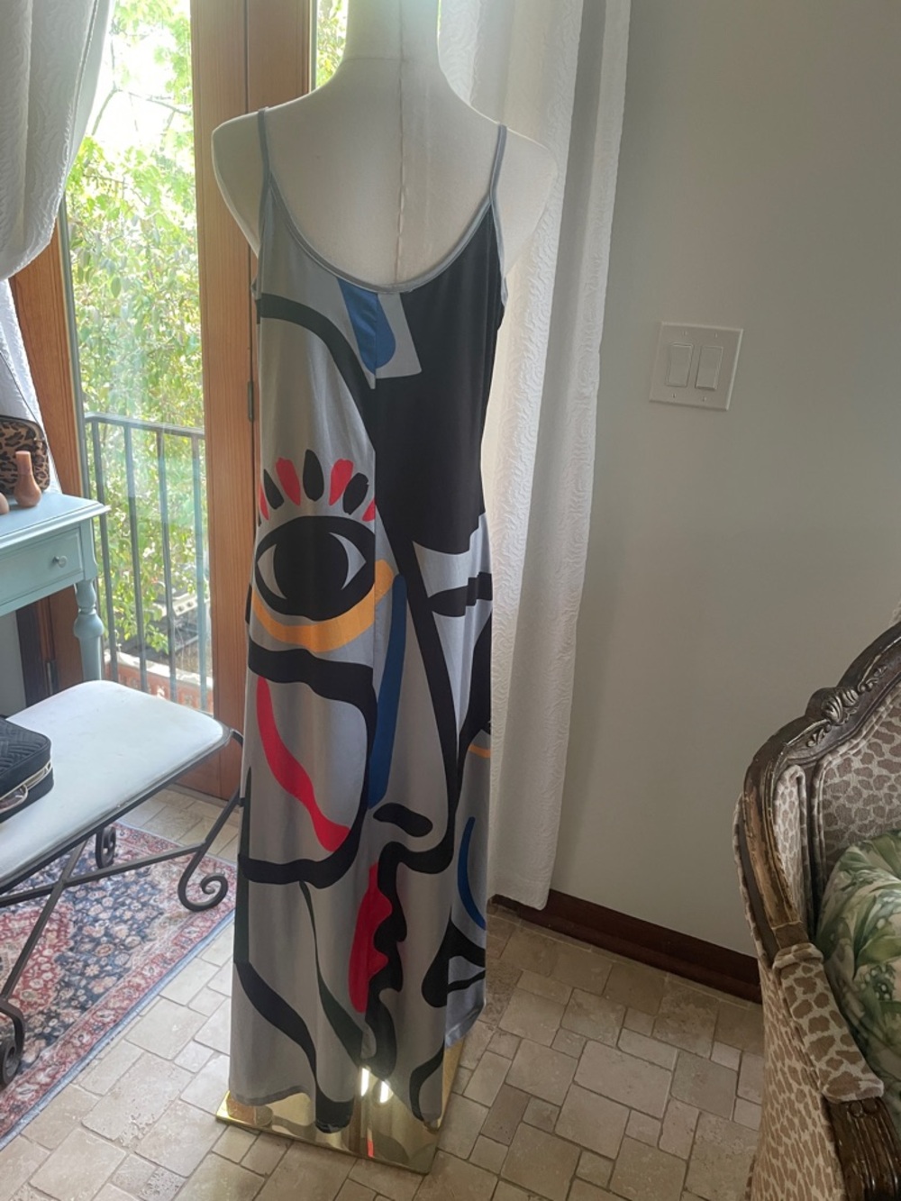 Abstract Print Maxi Slip Dress in Gray with Multicolor Accents Large Art Fashion - Picture 10 of 10